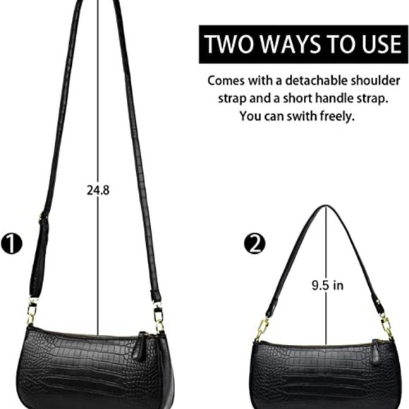 Retro Classic Black Leather Crocodile Style Crossbody Bag Purse Handbag - Picture 4 of 5